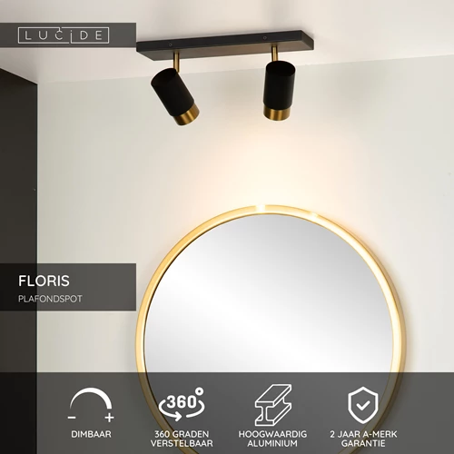 Lucide FLORIS - Plafondspot - 2xGU10 - Zwart - USP